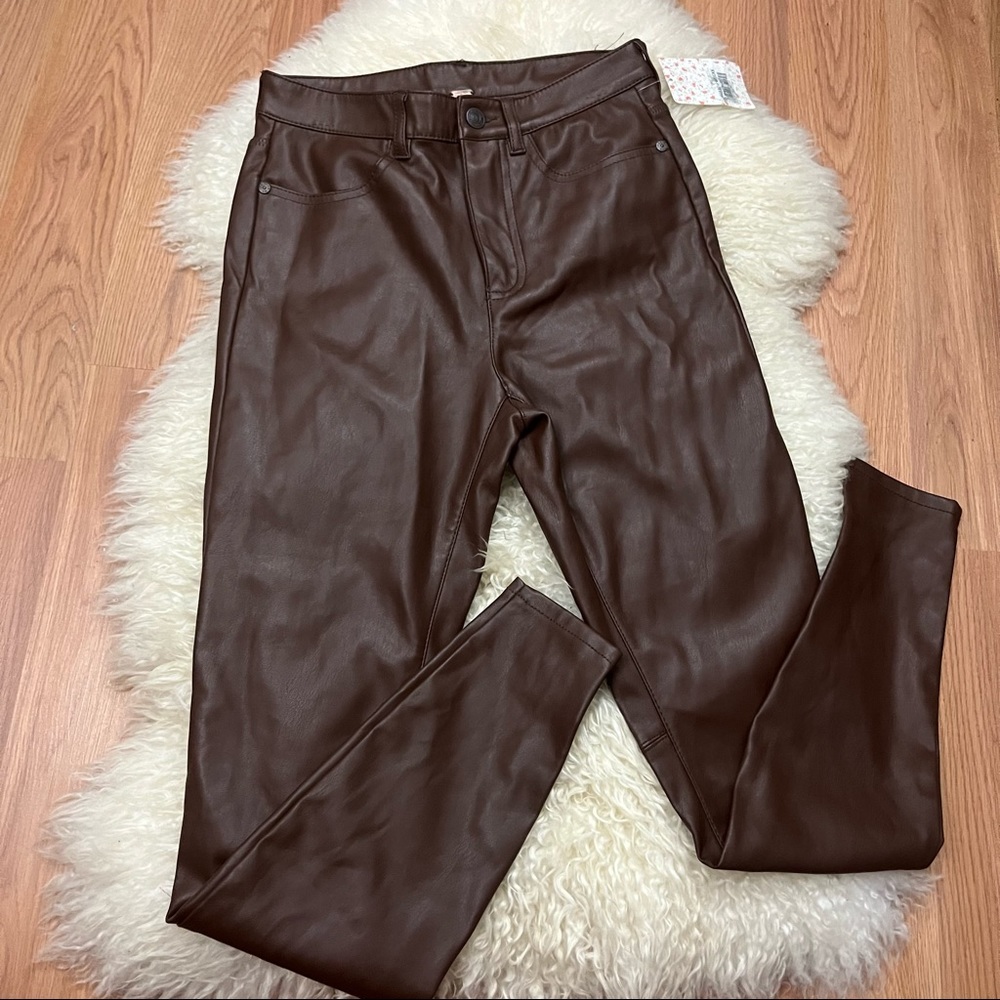 Free People Brown High Waist Vegan Liquid Leather Skinny Pants 28 NEW
